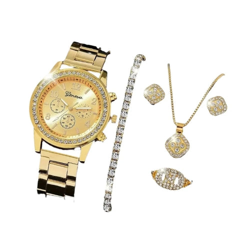 Elegant Luxury Gold Watch Jewelry Set (5PCS)