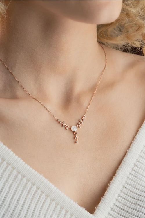 Sterling Silver Magnolia Vine Necklace Rhodium Plated Floral Jewelry